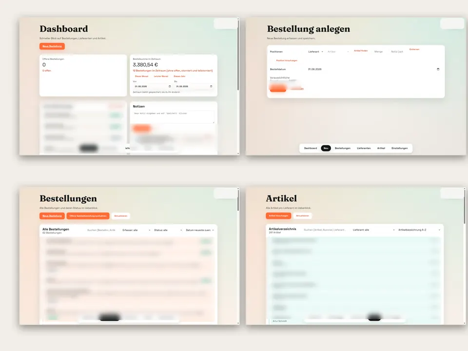 Dashboard der Bestellsoftware mit Übersicht zu Bestellungen, Artikeln und Lieferanten.