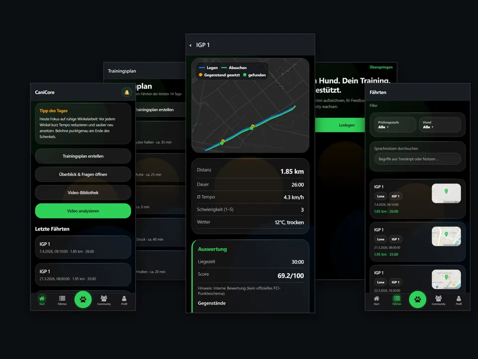 Mobile Oberflächen der CaniCore-App für Fährtentraining.