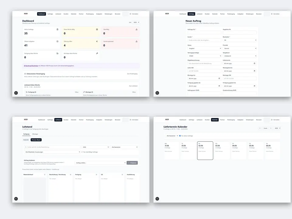 Projekt-Dashboard mit Aufträgen, Leitstand und Kalender.
